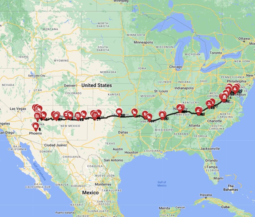 RV journey planning  tool for a route from Phoenix to Washington DC